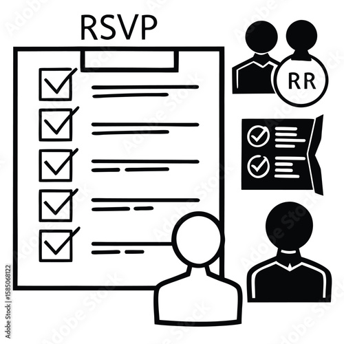 Vector art of an rsvp checklist on a clipboard with people icons, indicating attendance