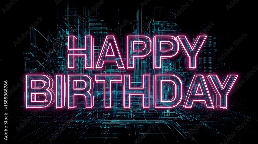 Obraz premium Happy birthday neon sign with digital city background in pink and cyan colors on a black backdrop