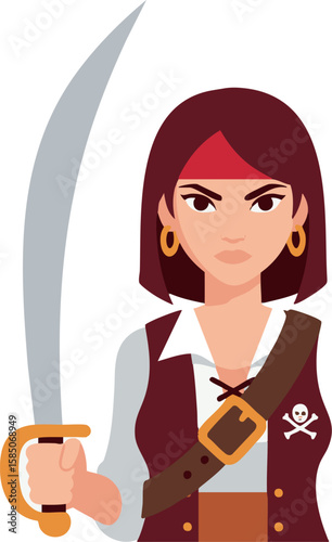 Minimal Flat Design Female Pirate with Sword Bust-Up