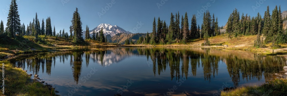Fototapeta premium Serene mountain lake reflecting snow-capped peak under a clear blue sky, surrounded by evergreen trees and autumnal grasses