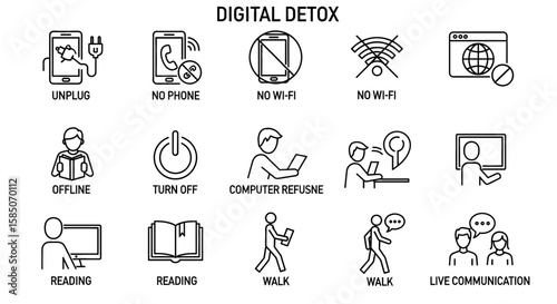 Digital Detox Vector Icon Set | Unplug, offline, no phone, no wifi, turn off, reading, walk, live communication, computer refusal