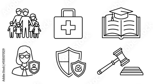 Insurance Vector Icon Set | Family, health, education, advisor, protection, law, claim, security, coverage, policy, support icons