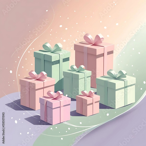 Photo of a collection of pastel colored gift boxes with ribbons and bows