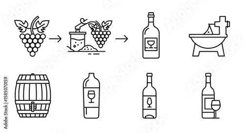 Wine Making Vector Icon Set | Harvest, press, fermentation, aging, bottling, tasting, barrel, drink, grapes, glass, bottle