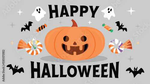 Happy halloween scene with pumpkin, ghosts, bats, stars, and assorted colorful candies displayed nicely