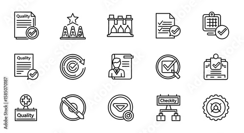 Quality Control Vector Icon Set | Checklist, standard, review, rating, audit, inspection, approval, criteria, verification, assessment icons