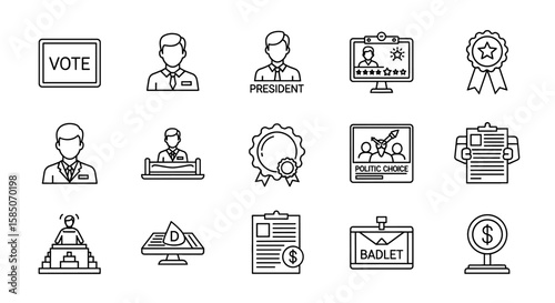 Election & Politics Vector Icon Set | Vote, president, candidate, badge, speech, podium, debate, platform, campaign, choice, finance, documents icons