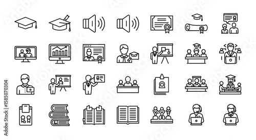 Online Education Vector Icon Set | Courses, graduation, class, teacher, student, learning, books, webinar, video call, diploma icons