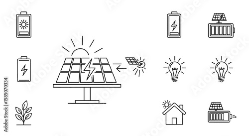 Solar Energy Vector Icon Set | Renewable Energy, Green Energy, Battery, Electricity, Power, Energy Saving, Solar Panel, Solar, House, Lightbulb, Plant Icons