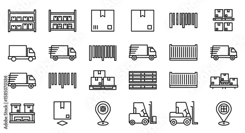 Warehouse Icon Set | Shipping, freight, barcode, box, truck, stock, delivery, logistics, pallet, forklift, container, tracking icons