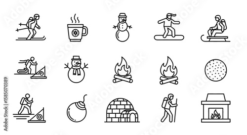 Winter Activities Vector Icon Set | Skiing, snowboard, sledding, campfire, igloo, hot drink, snowman, snow ball, fireplace, hiking icons