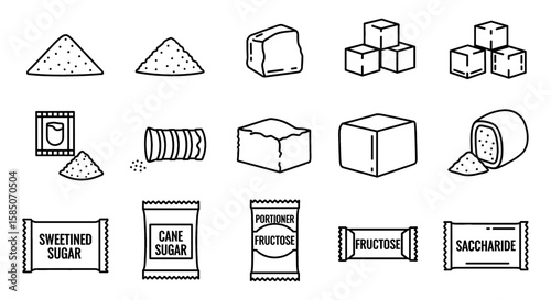 Sugar Types Vector Icon Set | Granulated, cubes, sweetener packet, cane, fructose, saccharide, portion, pile, lump, refined, product