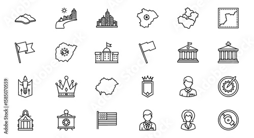 Governmental Vector Icon Set | Symbols, locations, people, flags, territories, buildings, landmarks, crowns