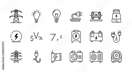 Electricity Vector Icon Set | Power, volt, current, wire, bulb, source, generator, appliance, equipment icons