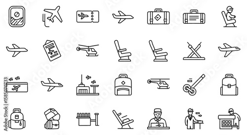 Airport Vector Icon Set | Airplane, luggage, helicopter, terminal, security, travel, boarding, airport worker, passenger, seat icons