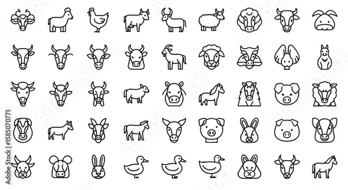 Farm Animals Vector Icon Set | Cow, horse, sheep, chicken, pig, duck, goat, rabbit, farm, livestock, poultry, animal heads, agriculture, rural life icons