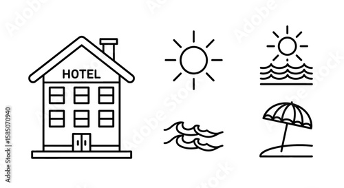 Beach Vacation Vector Icon Set | Hotel, sun, sea, ocean, water, wave, umbrella, sand, seaside, coastline, tourist icons