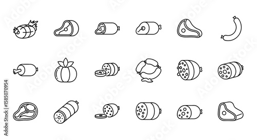 Meat Products Vector Icon Set | Sausage, steak, ham, bologna, bacon, cold cuts, meatball, salami, meatloaf, pork, beef icons