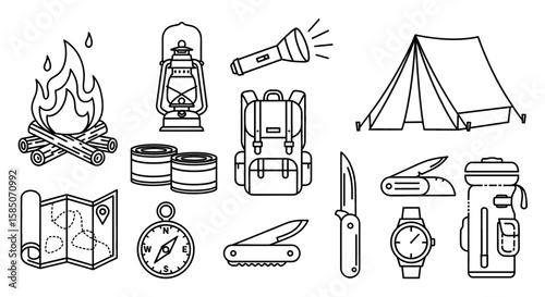Camping Gear Vector Icon Set | Bonfire, lantern, backpack, flashlight, tent, map, compass, knife, watch, canteen, adventure, nature, hike icons