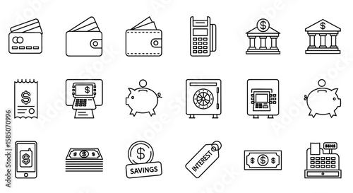 Payment Vector Icon Set | Credit card, wallet, POS, bank, bill, ATM, piggy bank, safe, phone, money, savings, interest, cash register, finance icons