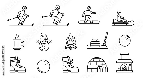 Winter Activities Vector Icon Set | Skiing, snowboarding, sledding, fire, igloo, boots, snowman, mug, curling, snow