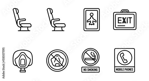 Airline Safety Vector Icon Set | Seat, safety mask, exit, no smoking, passenger, no phone, aircraft symbols