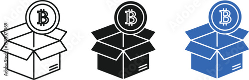 Three bitcoin cryptocurrency coins stand on top of open boxes in variations of line art and solid graphic shapes.