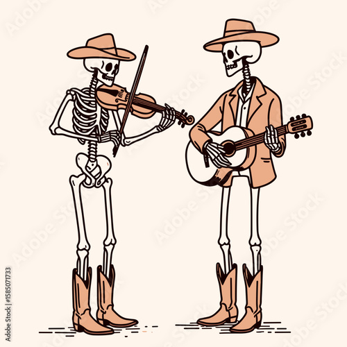 Two skeletons playing the violin and. Cute Cartoon Clipart Vector Illustration Line Art Illustration. A duo of bony figures perform on fiddle plus musical celebration.