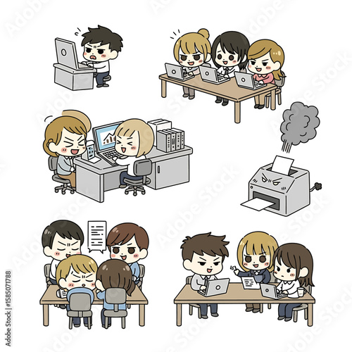 Office Chaos: Cartoon Workers Struggling with Technology in a Workplace