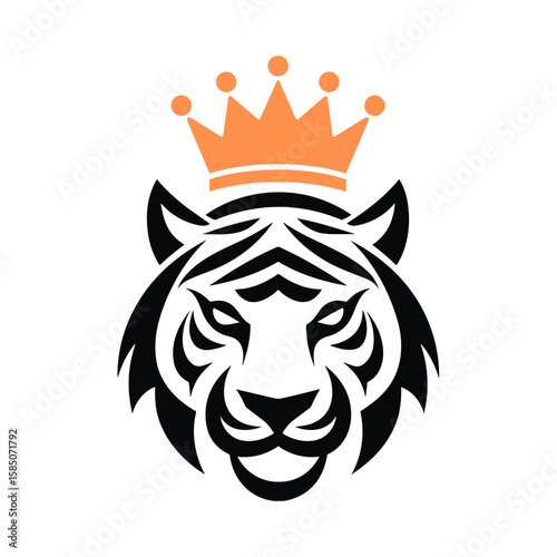 Majestic tiger head crowned, stylized design, black and orange.