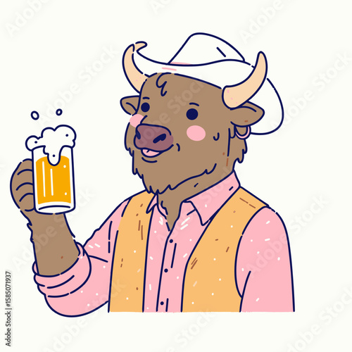 A cartoon bison wearing cowboy hat and drinking a. Cute Clipart Vector Illustration Line Art Illustration. Comical buffalo in headwear with brim enjoy beverage from cup.