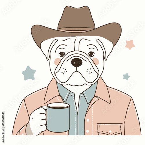 A cartoon bulldog wearing cowboy hat and denim jacket is holding coffee. Cute Clipart Vector Illustration Line Art Illustration. Comic canine with western headwear takes java pet dog drink.