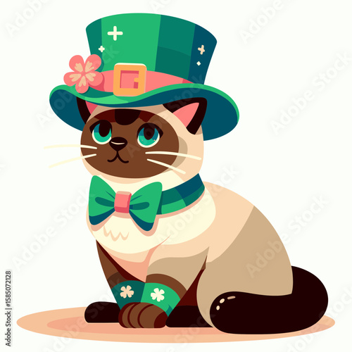 A cartoon cat wearing green top hat and bow tie for. Cute Clipart Vector Illustration Line Art Illustration. Kitty in festive dress headgear neckwear for comic feline.