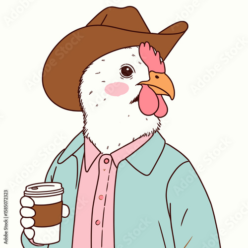 A cartoon chicken wearing cowboy hat and holding coffee. Cute Clipart Vector Illustration Line Art Illustration. Fowl with headwear java mug for wild west theme.