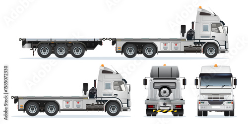 Flat bed truck double trailer cargo without container box 3D model view from various angles vector set illustration