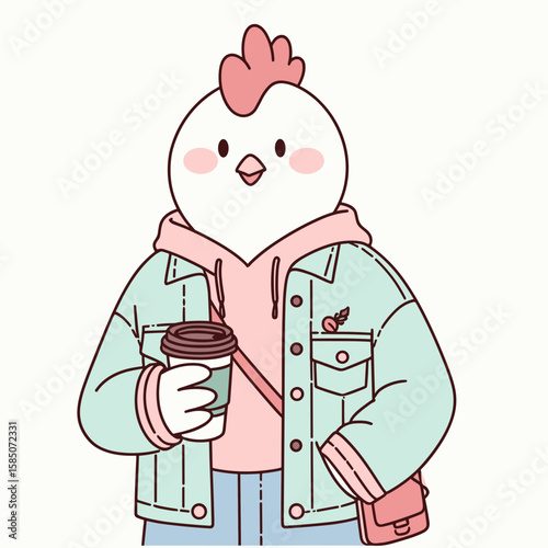 A cartoon chicken wearing pink hoodie and blue jeans is holding coffee. Cute Clipart Vector Illustration Line Art Illustration. Comic fowl in rose top azure denim beverage.