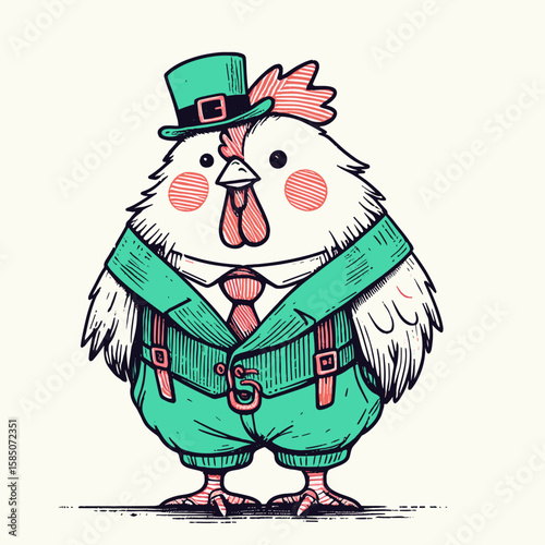 A cartoon chicken wearing green top hat and suit with red. Cute Clipart Vector Illustration Line Art Illustration. Comical fowl in formal dress emerald headgear jacket crimson bow.