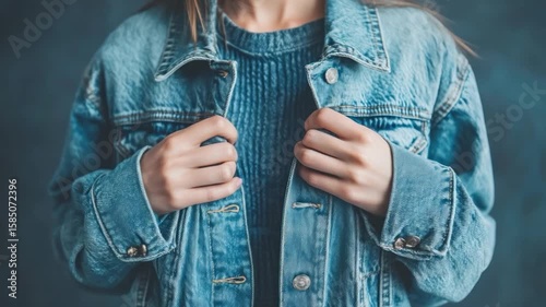 Close-up of light wash denim jacket being fastened