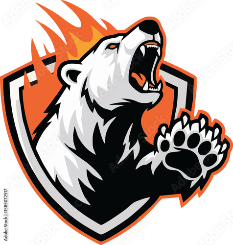 A fierce polar bear mascot with a roaring expression and fiery background, ready to attack.