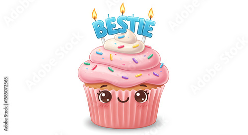 A delightful cartoon cupcake with pink frosting and 