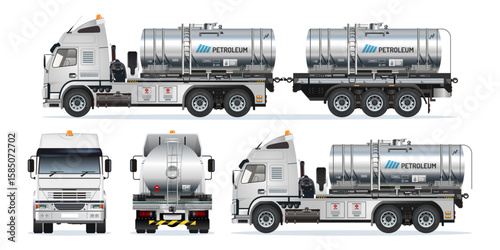 Petroleum liquid oil tanker heavy truck double trailer 3D model view from various angles vector set illustration