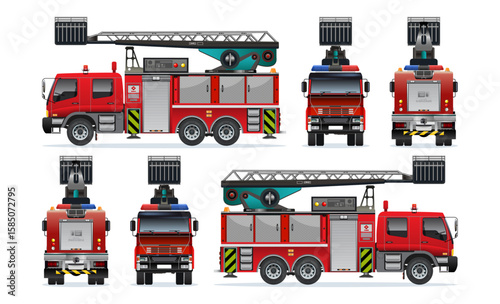 Fire engine red car truck vehicle with sky lift elevator truck peron 3D model view from various angles vector set illustration