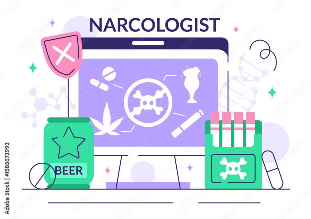 Fototapeta premium Narcologist Vector Illustration Featuring Drug Addiction Awareness and Issues Related to Alcohol and Tobacco in Healthcare with a Cute Flat Background