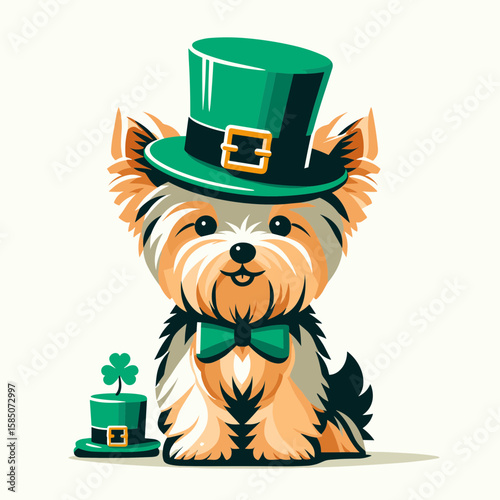 A cartoon dog wearing green top hat and bow tie for St. Cute Clipart Vector Illustration Line Art Illustration. Comical canine in festive headwear neckwear saint celebration.