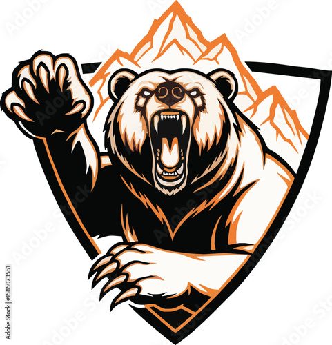 An aggressive bear roars with its paw raised, set against a mountain backdrop within a shield.