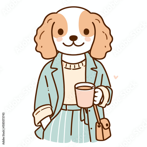 A cartoon dog wearing suit and holding coffee. Cute Clipart Vector Illustration Line Art Illustration. .
