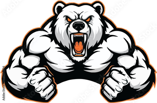 A muscular, ferocious polar bear with bulging muscles, roaring in a cartoon style.