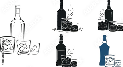 Elegant vector set presenting whiskey bottles and glasses filled with ice, perfect for bar illustrations or beverage designs.