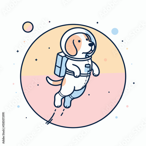 A cartoon dog wearing an astronaut suit is floating in. Cute Clipart Vector Illustration Line Art Illustration. Canine cosmonaut in area boundless drawing of pooch stellar apparel.