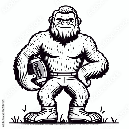 A cartoon drawing of sasquatch holding a. Cute Clipart Vector Illustration Line Art Illustration. Silly bigfoot gripping one object comic image.